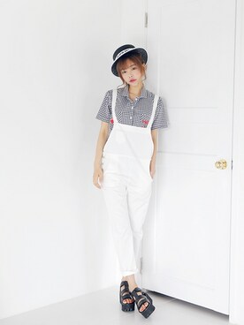 「アイボリー」｜「アイテム（つなぎ/オールインワン）」を使った、STYLENANDAさん（レディース・164cm）の夏コーディネート