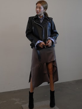 「STYLENANDA（スタイルナンダ）のメンズライクストライプシャツ（その他、ブルー系）」を使った、STYLENANDAさん（レディース・164cm）の秋コーディネート