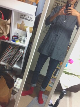 「no brand（ノーブランド）のアイテム（シャツ/ブラウス、グレー系）」を使った、ゆーきさん（メンズ・182cm）の秋コーディネート