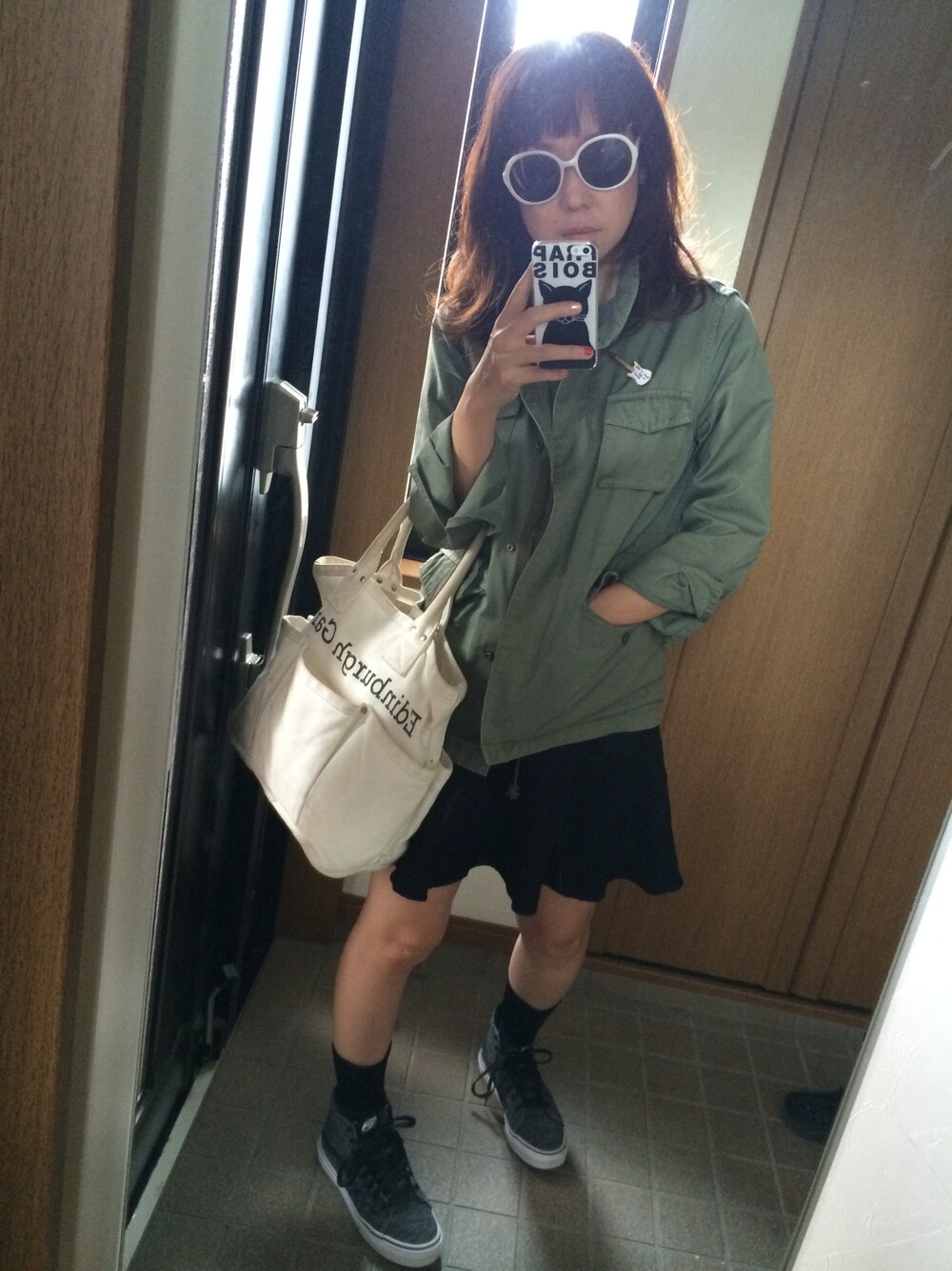 「ペプラムスカート、ミリタリー、グランジ、VANS」｜「VANSのVans 'SK8-Hi Slim' Hi-Top Sneaker (Women)（スニーカー、その他）」を使った、Meg＊＊＊さん（レディース・154cm）の秋コーディネートの1枚目の写真