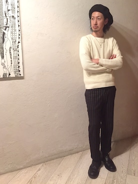 「tricker's」｜「アイテム（ハンチング/ベレー帽）」を使った、中嶋康智さん（メンズ・177cm）の冬コーディネート