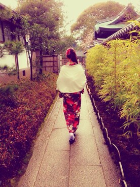 「アイテム（水着/着物・浴衣、レッド系）」を使った、oyuさん（レディース・168cm）の冬コーディネート