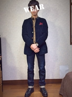 「ネイビーコーデ」｜「アイテム（ノーカラージャケット）」を使った、　　.さん（メンズ・173cm）の冬コーディネート