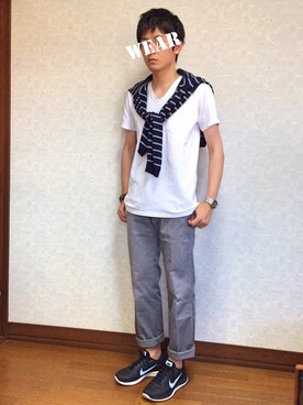 「ジャパンブルー」｜「アイテム（スウェット）」を使った、　　.さん（メンズ・173cm）の夏コーディネート