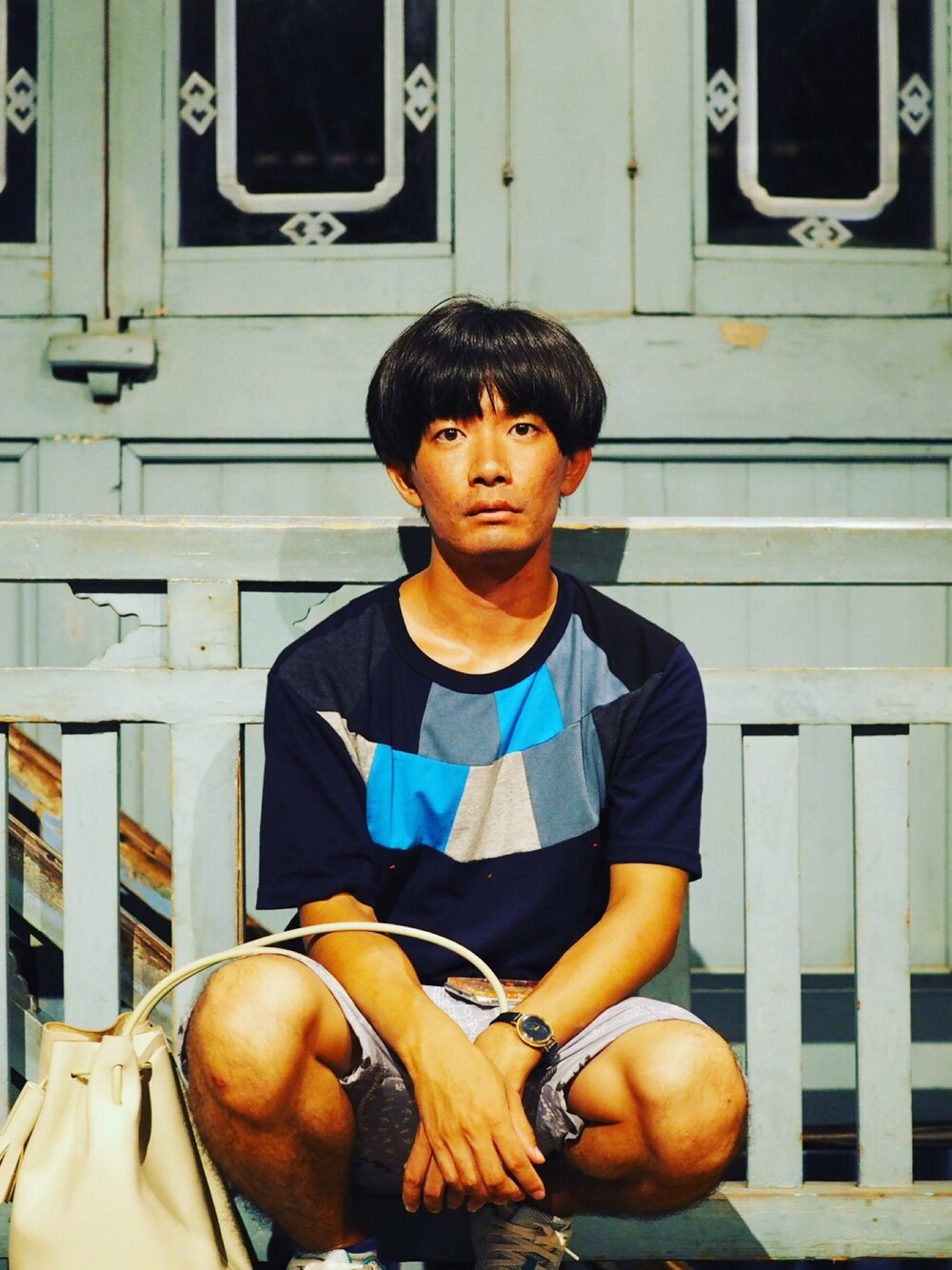 「夏、Tシャツ、casual、半袖シャツ、短パン、台湾、スニーカー、ミントグリーン」｜「oqLiqのアイテム（Tシャツ/カットソー、ブルー系）」を使った、水色さん（メンズ・161cm）の夏コーディネートの1枚目の写真