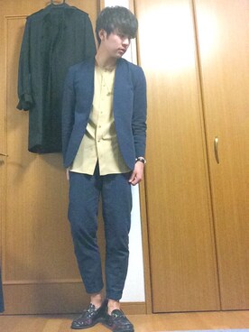「ノーカラーシャツ」｜「アイテム（フォーマルスーツ/小物）」を使った、キノさん（メンズ・176cm）の春コーディネート