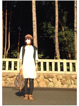 「緑のカーディガン」｜「アイテム（ハンチング/ベレー帽）」を使った、minatoさん（レディース・161cm）の秋コーディネート