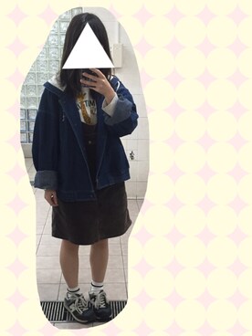 「古着のアイテム（デニムジャケット、ブルー系）」を使った、こむさん（レディース・148cm）の秋コーディネート