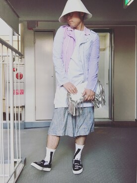 「アイテム（ライダースジャケット、ピンク系）」を使った、植田昇明さん（メンズ・175cm）の夏コーディネート