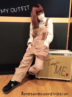 「刺繍シャツ」｜「アイテム（オールインワン・サロペット）」を使った、NaruMiiさん（レディース・153cm）の冬コーディネート