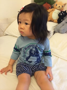 「JOEY HYSTERIC（ジョーイヒステリック）のアイテム（Tシャツ/カットソー、ブルー系）」を使った、Emilyさん（レディース・158cm）の夏コーディネート