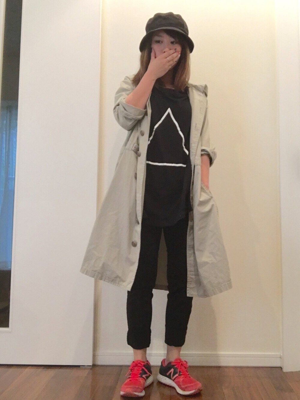 「ikumi、New Balance、Champion、スキニーパンツ、デカT、オーバーサイズ、さんかく、さんかく柄、Y's」｜「IKUMIの【IKUMI】△PRINT T（Tシャツ/カットソー、ブラック系）」を使った、mAcoさん（レディース・156cm）の夏コーディネートの1枚目の写真