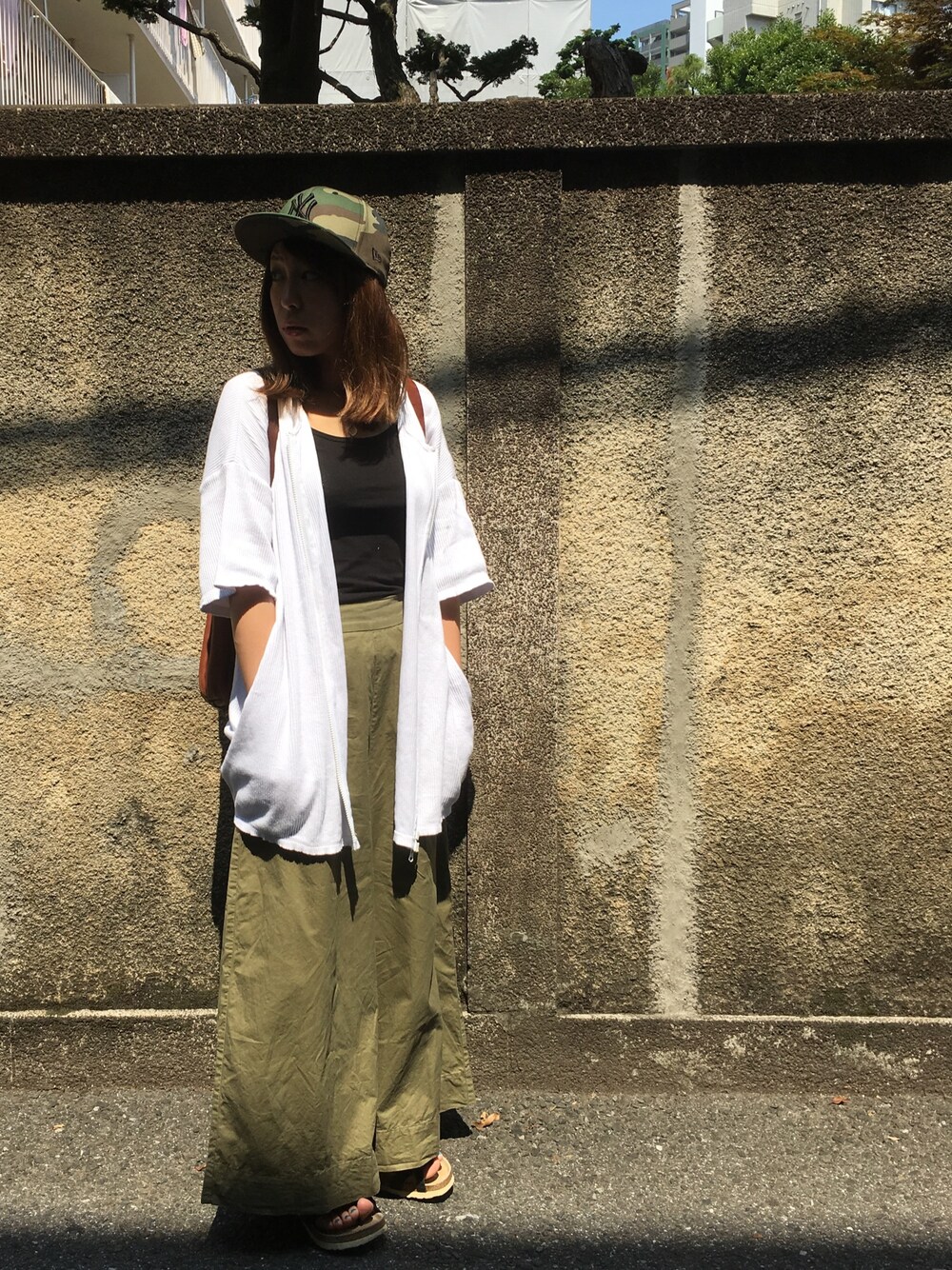 「紫いも、かき氷、KBF、NEW ERA、birkenstock、i、ikumi、ミリタリー、かんな」｜「KBFのKBF ワイドパンツ（その他パンツ、グリーン系）」を使った、mAcoさん（レディース・156cm）の夏コーディネートの1枚目の写真