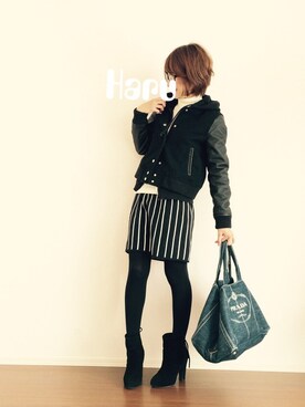 「ストライプスカート」｜「アイテム（スタジャン）」を使った、Haru☆さん（レディース・153cm）の冬コーディネート