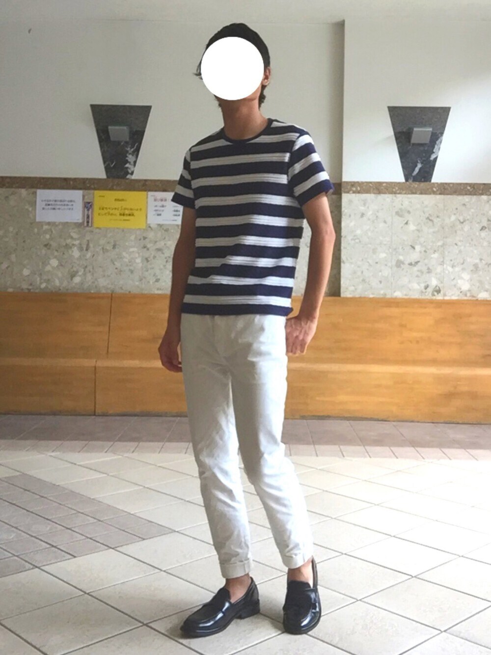 「koeのジャガードボーダーTシャツ（Tシャツ/カットソー、ブルー系）」を使った、ぴーまんさん（メンズ・171cm）の夏コーディネートの1枚目の写真