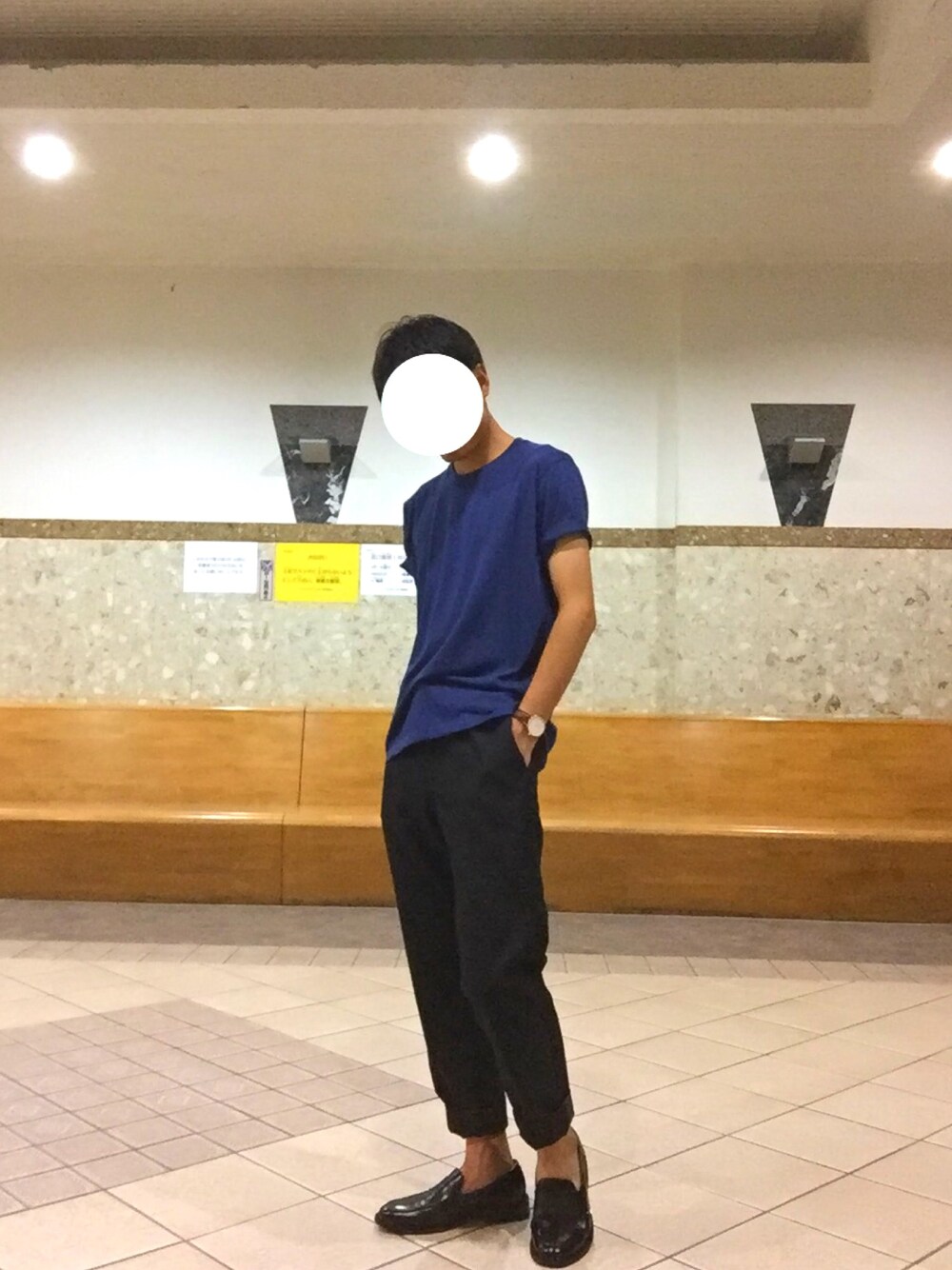 「シンプルコーデ」｜「UNIQLOのMEN ドライカラークルーネックT（半袖・1PC．）（Tシャツ/カットソー、ブルー系）」を使った、ぴーまんさん（メンズ・171cm）の夏コーディネートの1枚目の写真