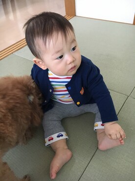 「MIKI HOUSE（ミキハウス）のアイテム（カーディガン/ボレロ）」を使った、motoさん（キッズ・70cm）の春コーディネート