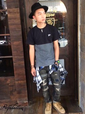 「REPUTATION（レピュテーション）のアイテム（帽子）」を使った、潘維禮さん（メンズ・178cm）の夏コーディネート