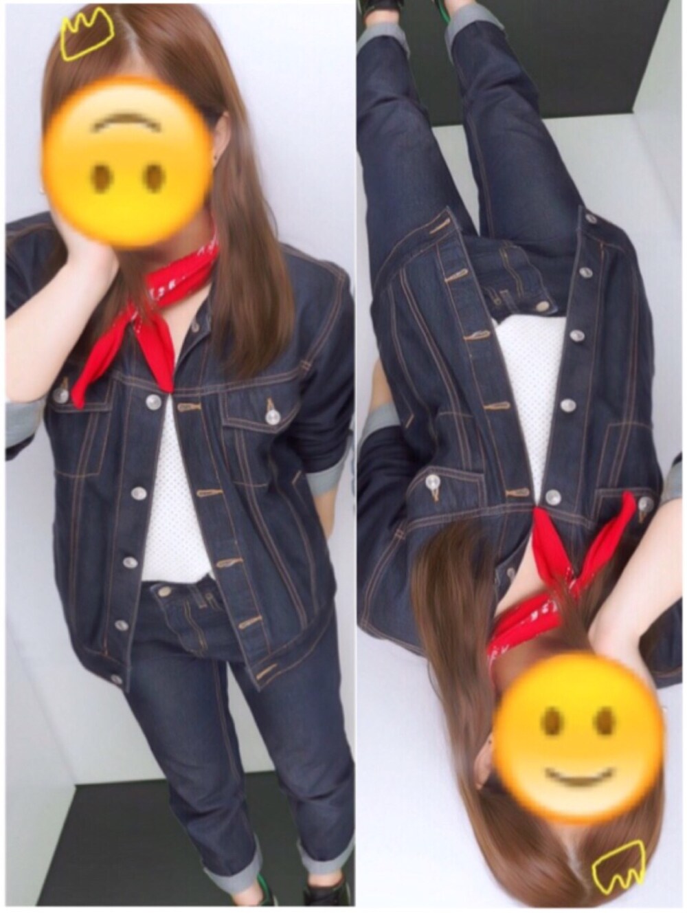 「デニムオンデニム、GU、Gジャン、デニムパンツ、バンダナ、スニーカー、お花見」｜「WEGOのWEGO/ライクラストレッチデニムジャケット（デニムジャケット、ブルー系）」を使った、あおこさん（レディース・160cm）の春コーディネートの1枚目の写真