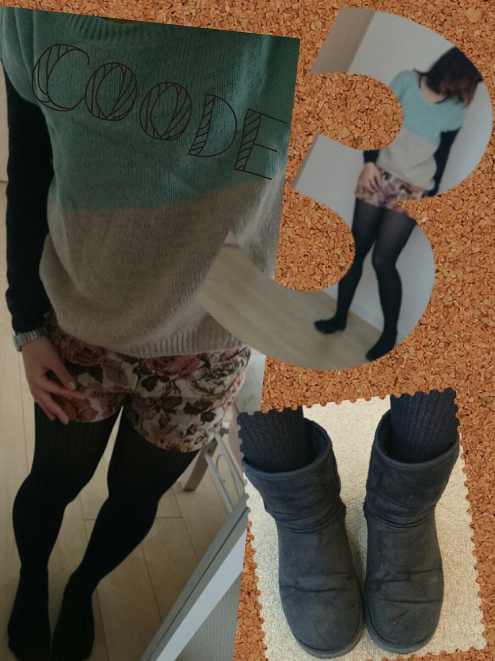 「Heather、ニット、ムートンブーツ、GU、花柄、ショートパンツ、バイカラー」｜「Heatherのアイテム（ニット/セーター、ブルー系）」を使った、ultra-unaxさん（レディース・164cm）の秋コーディネートの1枚目の写真