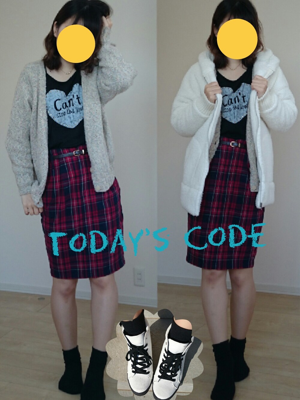 「赤×黒、スカート×スニーカー、タイトスカート、ボア、Heather、FOREVER21、LOWRYS FARM、スニーカー、カーディガン、ミックスカラー」｜「Heatherのアイテム（Tシャツ/カットソー、ブラック系）」を使った、ultra-unaxさん（レディース・164cm）の秋コーディネートの1枚目の写真