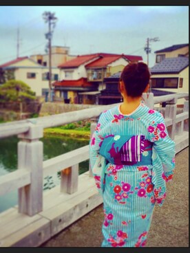 「no brand（ノーブランド）のアイテム（浴衣、ブルー系）」を使った、muaさん（レディース・155cm）の夏コーディネート