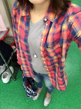 「American Eagle（アメリカンイーグル）のAEOプラッドボーイフレンドシャツ（シャツ/ブラウス、オレンジ系）」を使った、なーさんさん（レディース・160cm）の秋コーディネート