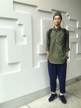 「Steven Alan（スティーブンアラン）のアイテム（ニットキャップ/ビーニー）」を使った、YOSHITAKA  YAMAGUCHIさん（メンズ・174cm）の秋コーディネート