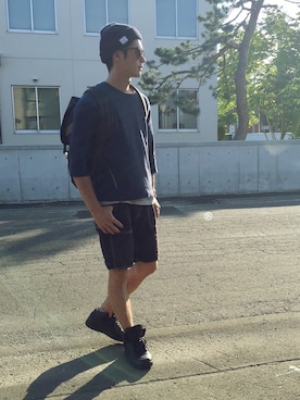 「GLOBAL WORK（グローバルワーク）のUSAニットワッチM/549596（ニットキャップ/ビーニー、ブルー系）」を使った、®sanさん（メンズ・171cm）の夏コーディネート