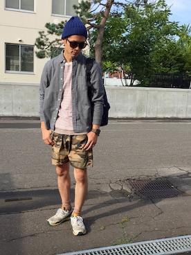 「no brand（ノーブランド）のプチプラニット（ニットキャップ/ビーニー、ブルー系）」を使った、®sanさん（メンズ・171cm）の秋コーディネート