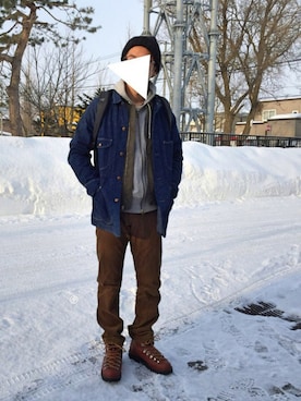 「SHIPS JET BLUE（シップスジェットブルー）のHIGHLAND2000: アルパカ ボブキャップ（ニットキャップ/ビーニー、ブラック系）」を使った、®sanさん（メンズ・171cm）の冬コーディネート