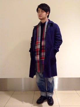「ジョンストンズ」｜「アイテム（ステンカラーコート）」を使った、こいでさん（メンズ・169cm）の秋コーディネート