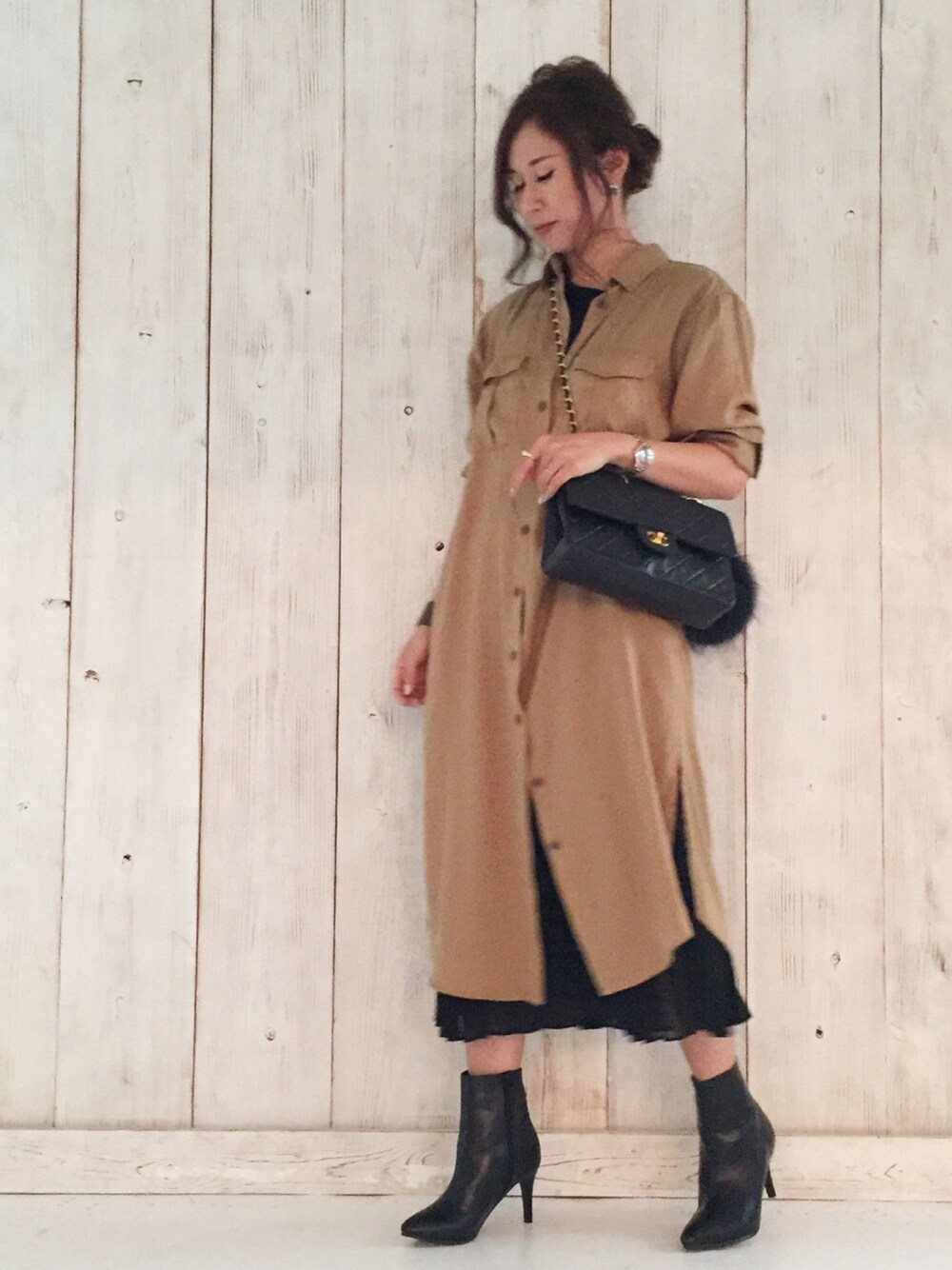 「ユニクロ」｜「UNIQLOのアイテム（ワンピース、ブラウン系）」を使った、yuさん（レディース・153cm）の秋コーディネートの1枚目の写真