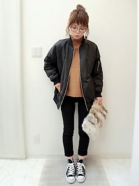 「ゆるニット」｜「アイテム（MA-1）」を使った、maamin♡さん（レディース・156cm）の秋コーディネート