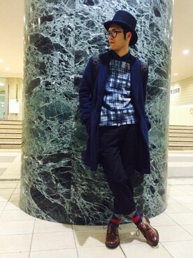 「総柄トップス」｜「アイテム（チェスターコート）」を使った、まっしゅさん（メンズ・175cm）の冬コーディネート
