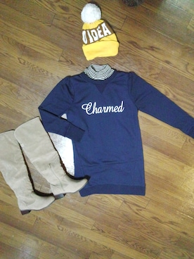 「MAJESTIC LEGON（マジェスティックレゴン）のJ裏毛ロゴワンピース（ワンピース、ブルー系）」を使った、くぅさんの冬コーディネート