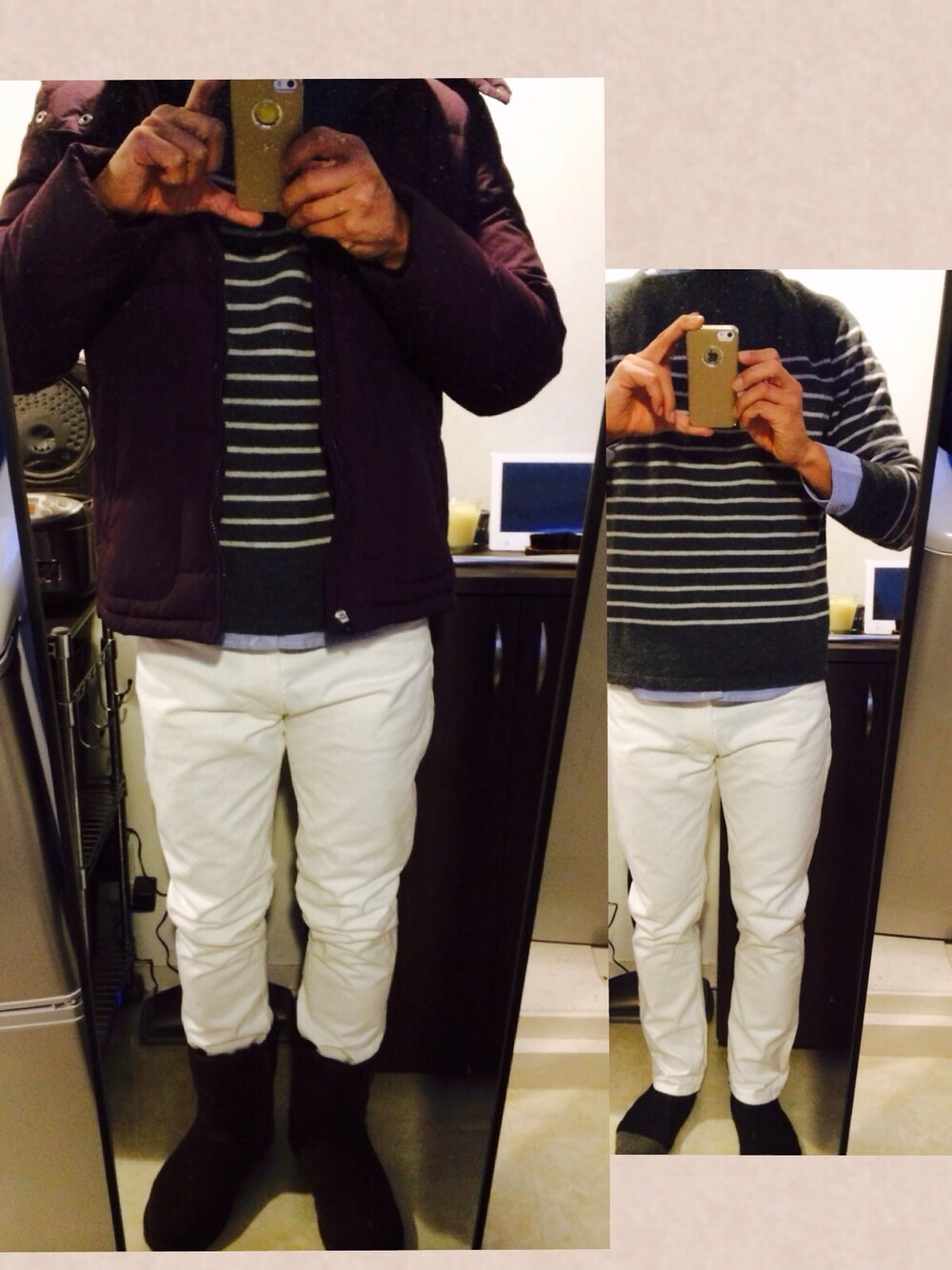 「ボーダー、UGG、ホワイトデニム」｜「orSlowの【orSlow(オアスロウ)】IVY FIT JEANS (WHITE)（デニムパンツ、ホワイト系）」を使った、かずひさん（メンズ・178cm）の冬コーディネートの1枚目の写真