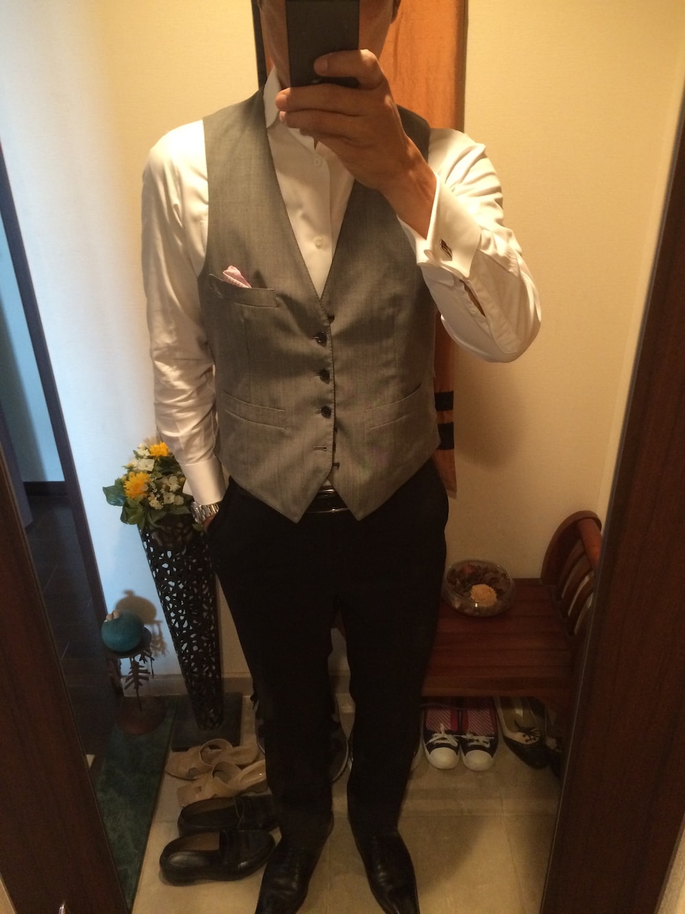 「結婚式、ブラックスーツ、礼服、フォーマル、披露宴、結婚式二次会スタイル、ベスト」｜「BEAMSのアイテム（フォーマルスーツ/小物、ブラック系）」を使った、かずひさん（メンズ・178cm）の夏コーディネートの1枚目の写真