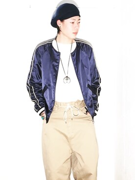 「アイテム（スタジャン）」を使った、sunamooriさん（メンズ・182cm・20代）の春コーディネート