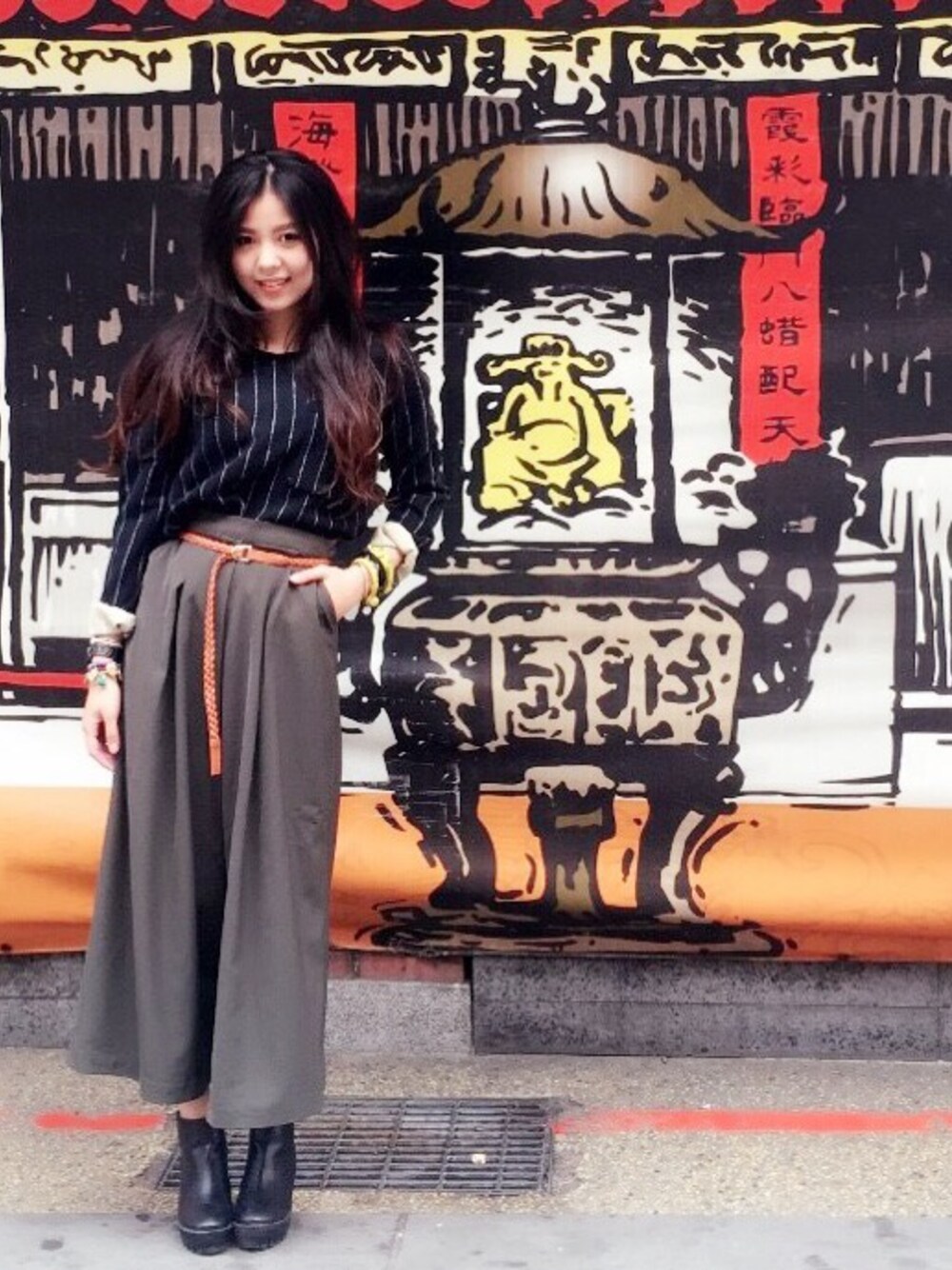 「no brandのアイテム（スラックス、グリーン系）」を使った、peikuoさん（レディース・165cm）の冬コーディネートの1枚目の写真