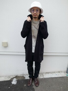 「カモ柄」｜「アイテム（ステンカラーコート）」を使った、GDCTOKYO-MAH-bow-さん（メンズ・171cm）の冬コーディネート