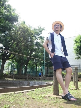 「アイテム（サングラス、ブルー系）」を使った、GDCTOKYO-MAH-bow-さん（メンズ・171cm）の夏コーディネート