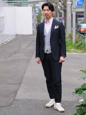「PATRICK（パトリック）の白レザースニーカー（スニーカー、ホワイト系）」を使った、柳田敏正さん（メンズ）の春コーディネート