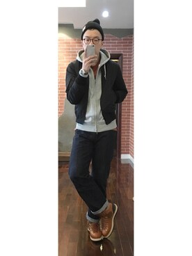 「N.HOOLYWOOD（N.ハリウッド）のアイテム（ミリタリージャケット）」を使った、YYYrenLLLさん（メンズ・183cm）の冬コーディネート