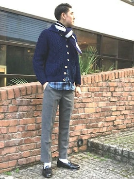 「アイテム（ストール/ショール、ブルー系）」を使った、瀬谷さん（メンズ・182cm）の秋コーディネート
