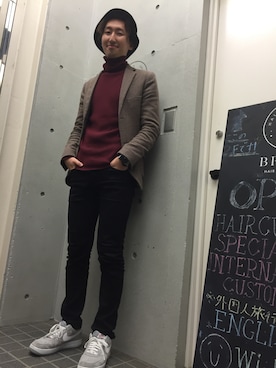 「TOPMAN（トップマン）のアイテム（ノーカラージャケット）」を使った、松川竜道さん（メンズ・177cm）の冬コーディネート