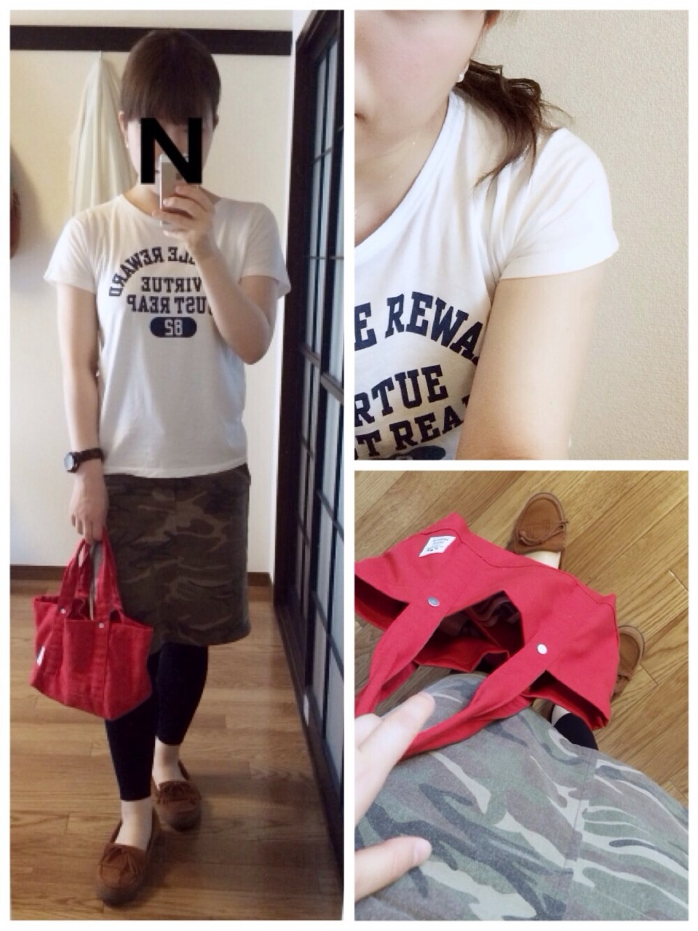 「カモフラ、Tシャツ、カモフラスカート」｜「crocsのadela suede moccasin（モカシン/デッキシューズ、ブラウン系）」を使った、rokuko.sさん（レディース・159cm）の夏コーディネートの1枚目の写真