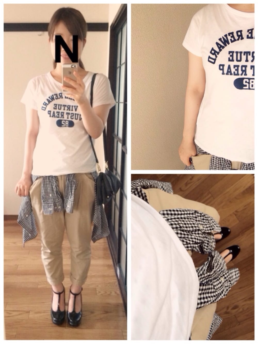 「SALEで買いました、ベージュ、Tシャツ、ギンガムチェック」｜「CORTES WORKSのリボンパンプス（パンプス、ブラック系）」を使った、rokuko.sさん（レディース・159cm）の夏コーディネートの1枚目の写真