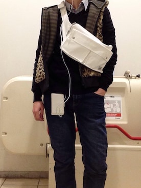 「CHUMS（チャムス）のアイテム（ダウンベスト）」を使った、永瀬さん（メンズ・160cm）の冬コーディネート