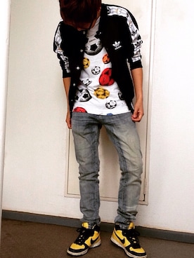 「アイテム（デニムパンツ、シルバー系）」を使った、永瀬さん（メンズ・160cm）の夏コーディネート